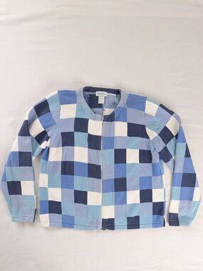 VTG Blue White Checker Knit Zip Up Cardigan Sweater Jacket